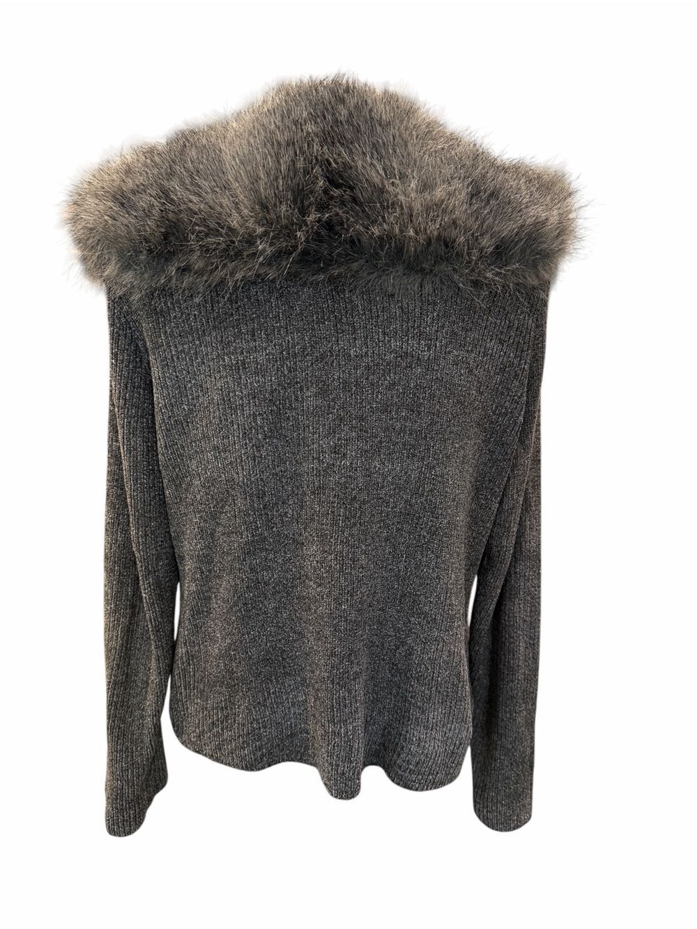 Lisa International Faux Fur Trim Knit Sweater Jacket Y2K Retro Brown Gray XL - Picture 4 of 10
